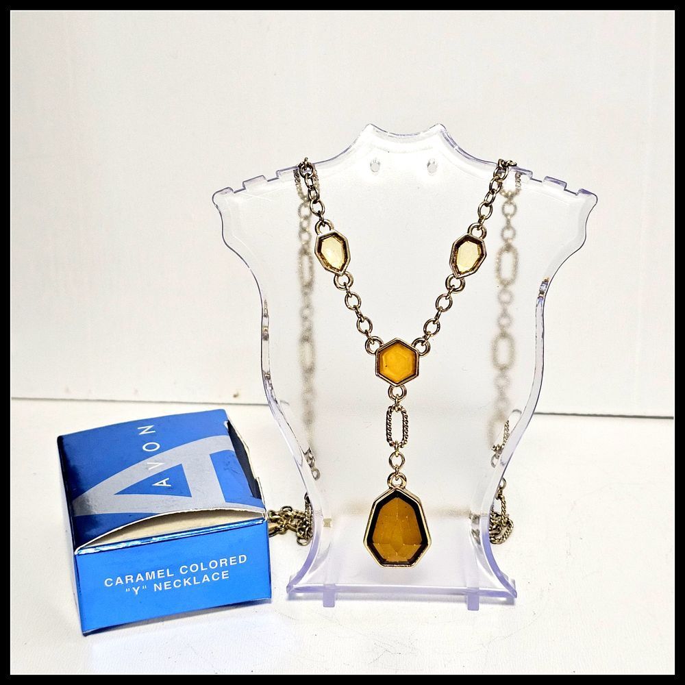 Avon Caramel Colored Y Necklace Geometric Crystal Statement Chain Jewelry